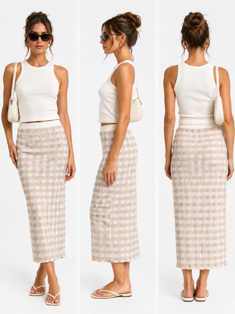NWT Joie Tan & Ivory Gingham Pencil Midi Skirt (S)